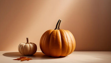 Autumn still life with pumpkins and leaves on a beige backgroundの素材