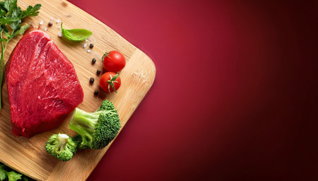 Raw beef steak with spices and vegetables on wooden cutting board on red backgroundの素材