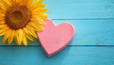 Heart and sunflower on blue wooden background. Top view with copy spaceの素材