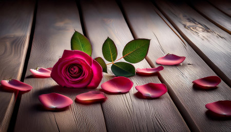 Rose and petals on a wooden background. Valentine's Day.の素材
