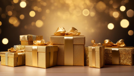Golden gift boxes on bokeh background. Christmas and New Year concept.の素材