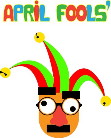 Vector illustration for april fools, featuring a funny face with groucho marx glasses and jester hat, organized by layers face-hat-text. The text is handdrawedのイラスト素材