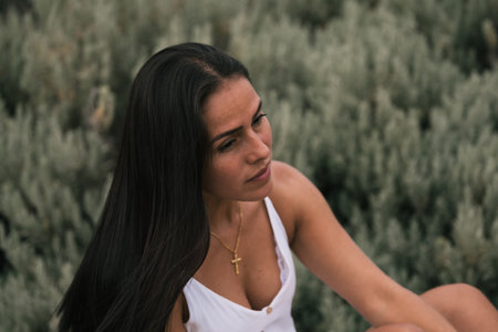 relaxing on the garden benchの写真素材