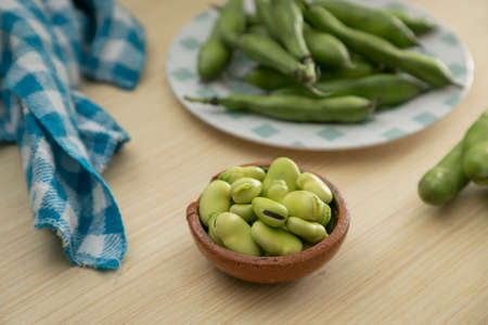 fresh peeled and shelled broad beans on plates with copy spaceの写真素材