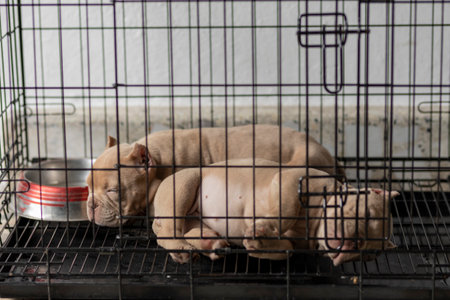 two puppy dogs sleep inside a cage, where they have them for saleの写真素材