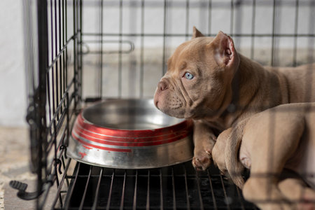 A puppy dog locked in a cage looks out while resting lying downの写真素材
