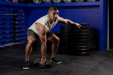 Latin man with sportswear, doing exercises with dumbbell in the gymの写真素材