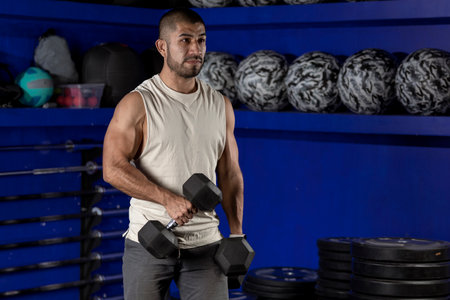 Latin man with dumbbells doing bicep exercises with a pair of dumbbells, and copy spaceの写真素材