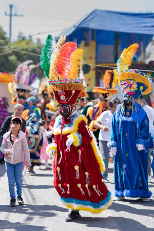 Mexico, State of Mexico-01-29-2023: Traditional dance of Los Chinelos in a carnival that takes place...