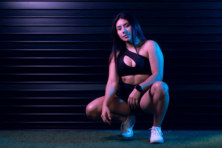 Sporty woman crouching and posing in neon light after workout sessionの写真素材