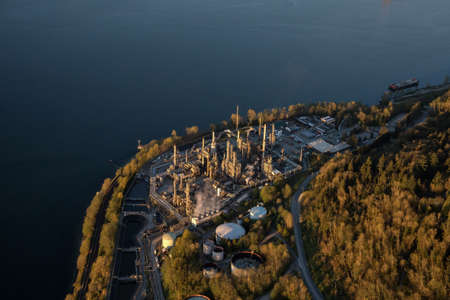 Oil Refinery in Vancouver, British Columbia, Canada, taken from an aerial perspective.の写真素材