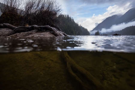 Over and Under picture of a beautiful nature landscape at Buntzen Lake, Anmore, Greater Vancouver, BC, Canada. Taken during a cloudy spring day.の写真素材