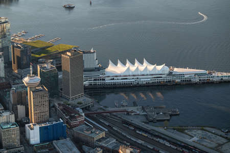 Vancouver Downtown, British Columbia, Canada - April 24, 2017 - Aerial view on Canada Place, Coal Harbour, and Vancouver Convention Centre.のeditorial素材