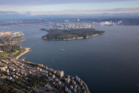 Aerial city view of Downtown Vancouver, Stanley Park, and Lions Gate Bridge. Picture taken in British Columbia, Canada.の写真素材
