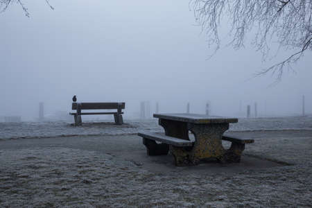 View on a bench and table at a public park in Pitt Lake, Greater Vancouver, British Columbia, Canada.の写真素材