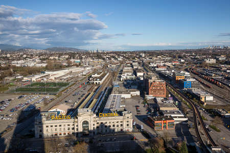 Downtown Vancouver, BC, Canada - Apr 02, 2017 - Aerial View of Pacific Central Train Station.