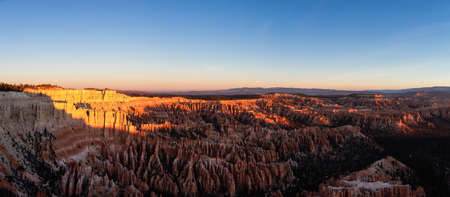 Aerial panoramic view of the beautiful American Canyon Landscape during a vibrant sunrise. Taken in Bryce Canyon National Park, Utah, United Statesの写真素材