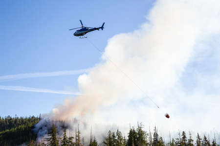 Helicopter fighting BC forest fires during a hot sunny summer day. Taken near Port Alice, Northern...
