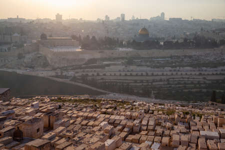 Beautiful aerial view of the Old City, Tomb of the Prophets and Dome of the Rock during a sunny and...