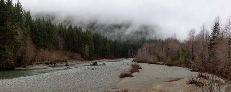 Beautiful Panoramic View of Canadian Nature Landscape during a cloudy day. Taken between Tofino and Port Alberni, Vancouver Island, British Columbia, Canada.の写真素材