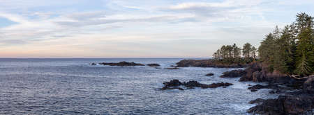 Wild Pacifc Trail, Ucluelet, Vancouver Island, BC, Canada. Beautiful View of the Rocky Ocean Coast during a colorful and vibrant morning sunrise.の写真素材