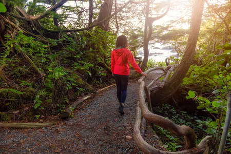 Adventurous Girl walking in a Forest with a beautiful view on the Ocean Coast during a vibrant colorful sunrise. Wild Pacifc Trail, Ucluelet, Vancouver Island, BC, Canada.の写真素材