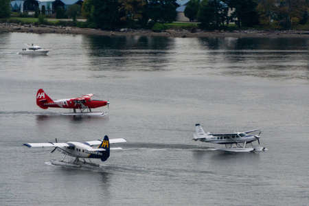 Downtown Vancouver, British Columbia, Canada - September 21, 2019: Floatplane in Vancouver Harbour...