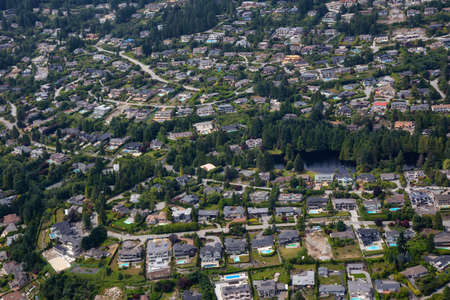 Aerial View of luxury homes in British Properties, West Vancouver, British Columbia, Canada. Taken during a sunny summer day.の写真素材