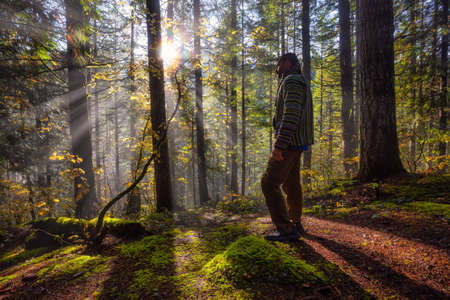 Adventure Man enjoying the Beautiful Canadian Nature View of the Forest during a foggy morning sunrise. Taken in Sloquet Hot Springs, Located North of Vancouver, British Columbia, Canada.の写真素材