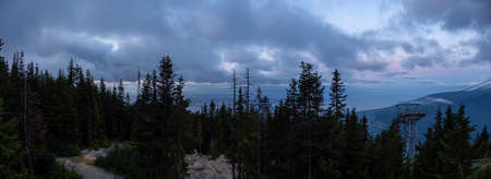 North Vancouver, British Columbia, Canada. Beautiful Panoramic View from the Top of Grouse Mountain during a colorful summer sunrise.の写真素材