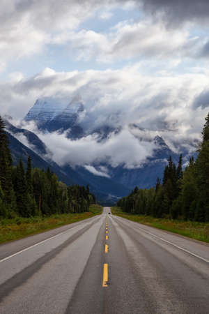 Beautiful View of Yellowhead Highway with Mount Robson in the background during a cloudy summer morning. Taken in British Columbia, Canada.の写真素材