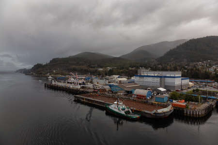 Ketchikan, Alaska, United States - September 26, 2019: Beautiful Aerial View of a small touristic town in the Ocean Coast during a stormy morning.のeditorial素材