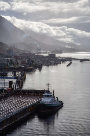 Ketchikan, Alaska, United States - September 26, 2019: Beautiful Aerial View of a small touristic town in the Ocean Coast during a stormy morning.のeditorial素材