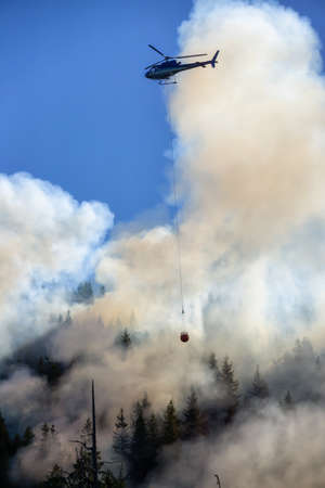 Helicopter fighting BC forest fires during a hot sunny summer day. Taken near Port Alice, Northern...