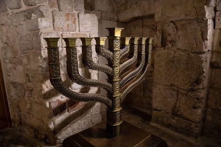 Jerusalem, Israel - April 2, 2019: Big Hanukkah Menorah in King Davids Tomb.のeditorial素材