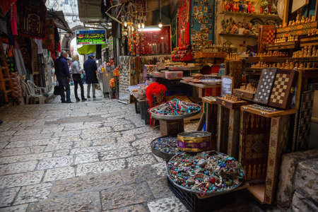 Jerusalem, Israel - April 2, 2019: Market place in the narrow streets of the Old City.のeditorial素材