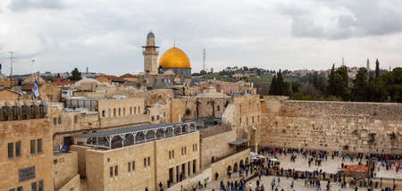 Jerusalem, Israel - April 2, 2019: Aerial panoramic view from above of the crowds of people at the...