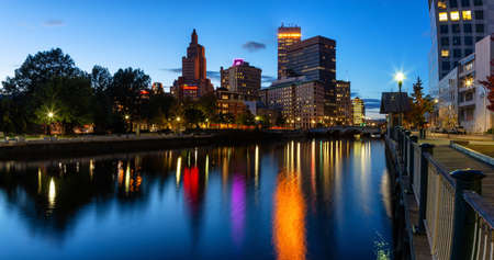 Providence, Rhode Island, United States - October 25, 2018: Scenic view of a beautiful modern downtown city during a colorful night after sunset.のeditorial素材