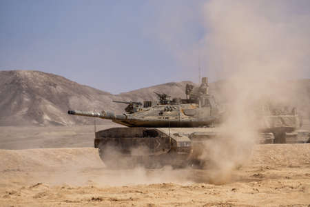 Southern District, Israel - April 10, 2019: Armoured Tank of the Israel Defense Forces in the desert...