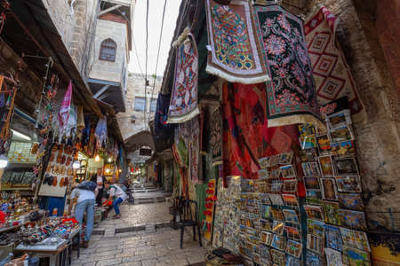 Jerusalem, Israel - April 7, 2019: Market place in the narrow streets of the Old City.のeditorial素材