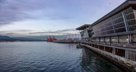 Downtown Vancouver, British Columbia, Canada - December 31, 2018: Panoramic view of Vancouver Convention Centre during New Years Eve.のeditorial素材