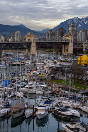 Downtown Vancouver, British Columbia, Canada - December 31, 2018: Aerial view on False Creek during...
