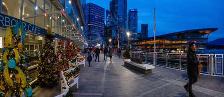 Downtown Vancouver, British Columbia, Canada - December 31, 2018: Panoramic view of Canada Place during New Years Eve.のeditorial素材