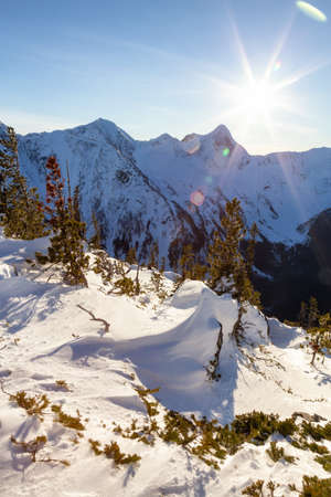 Beautiful Canadian Landscape View during a vibrant winter sunset. Taken on top of Zoa Peak near...