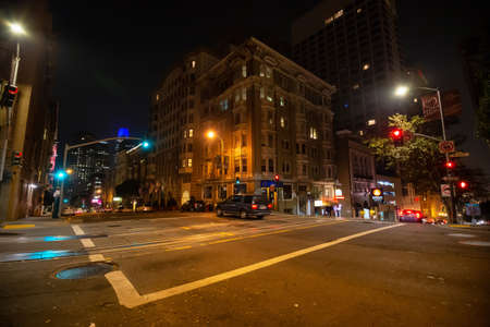 San Fancisco, California, United States - November 16, 2018: Urban streets in the downtown city during night time.のeditorial素材