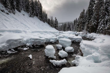 Beautiful Canadian Winter Landscape in the mountain valley during a cloudy day. Taken on a hike to...