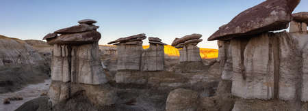 Panoramic landscape view of unique rock formation in the desert of New Mexico, United States of...