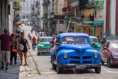 Havana, Cuba - May 16, 2019: Classic Old Taxi Car in the street during a vibrant and bright sunny day.のeditorial素材