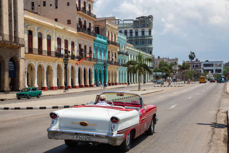 Havana, Cuba - May 19, 2019: Classic Old American Car in the streets of the Old Havana City during a vibrant and bright sunny day.のeditorial素材