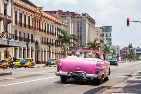 Havana, Cuba - May 19, 2019: Classic Old American Car in the streets of the Old Havana City during a vibrant and bright sunny day.のeditorial素材